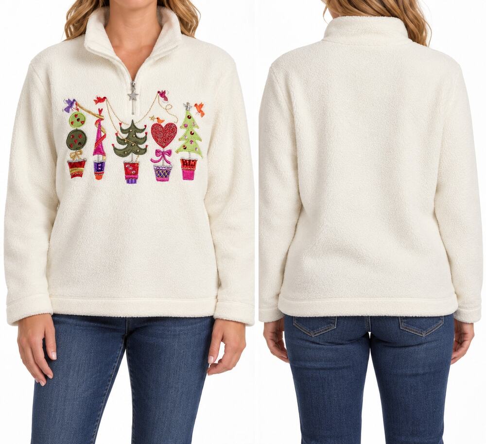 White Stag Christmas Fleece Pullover Womens XL 16/18 Ivory Embroidered 1/4 Zip
